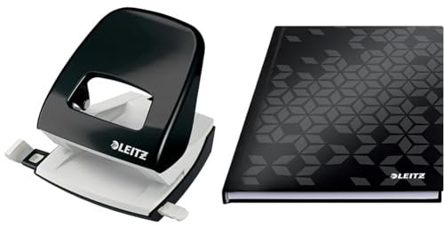 Leitz WOW Set Büro Locher aus Metall + Notizbuch A5 kariert, 160 Seiten, 80 Blatt, Locher für 30 Blatt, Anschlagschiene mit Formatvorgaben, Ergonomisches Design, Schwarz, 50081095 + 46281095