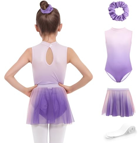 JiAmy Girls Ballet Leotards 4 Pcs Sleeveless Kid Gymnastics Dance Outfits with a Removable Tutu Skirt Ballerina Outfit Dancewear 140,Purple