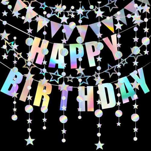 4 Stück Papier girlin holographische Fantomfarbe, Happy Birthday Girlande | Kreise Pentagramm im Skelettgirling, Happy Birthday-Girlande, Dreiecksflagge, für Partydekoration, Hochzeit, Geburtstag