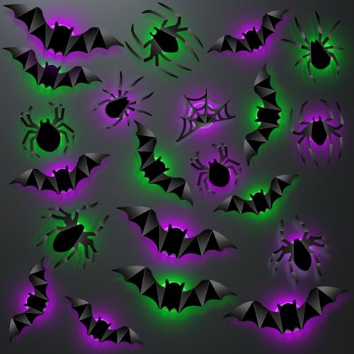 GoldRock 3D Led Halloween Deko Spinnen Fledermaus Sticker Set,21 Stück Deko Halloween Fledermäuse Aufkleber, Gothic Spinne Bats Dekorationen,Lila,Grün Helloween Decor Led Lichter für Fenster,Tür, Wand