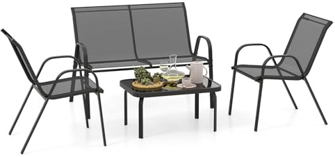COSTWAY 4-teilige Gartenmöbel Set, Balkonmöbel, Terrassenmöbel, Sitzgruppe, Sitzgarnitur für 4 Personen, Gartengarnitur inkl. 2 Stühlen, Bank & Tisch, für Balkon, Terrasse, Garten (Grau)