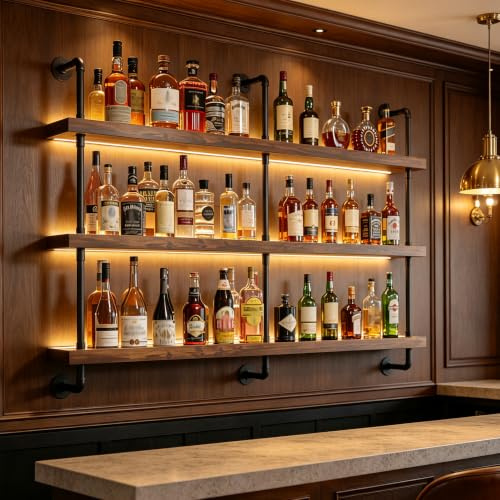 FKKPRVAX 180CM Großes Weinregal Wand Massivholz, 3 Ebenens chwebendes Flaschenregal im Industrie-Stil, Multi funktionaler Weinpareite Display Rack für Bars, Weinregal Wand Restaurants und Zuhause