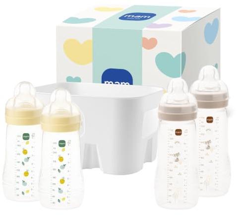 MAM Easy Active Babyflaschen-Set, 0+ Mon, 2 Flaschen & Korb, gelb/beige