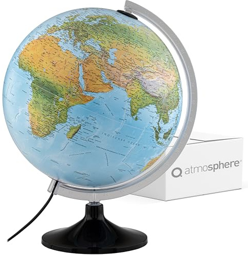 Q atmosphere® Solid Twin 30 Leuchtglobus 30 cm, Doppelbild-Kartografie | Beleuchteter 30 cm Globus mit stabilem Standfuß und physisch-politischer Doppelbild-Kartografie auf Deutsch