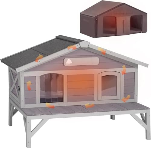 Aivituvin Outdoor Cat House Insulated Feral Kitty Shelter with Liner Weatherproof for Winter, Extra Large Room (Grey, M with Liner)