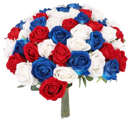 ACOGEDO 50-teiliges Set Künstliche Rosen, Rot, Blau, weiß, Realistischer Rosenstrauß für Tischdekoration, Gedenktag, Ideal für Gedenkfeiern, Schön oder Besonders weiß, Enthält Dieses Set in und