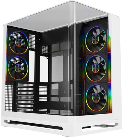 Powercool Navigator Gaming PC Case, ATX Mid Tower with 5 ARGB Fans, White | Curved Tempered Glass Dual Chamber Computer Case, Fits ATX, Micro ATX and Mini ITX Boards, 420mm GPUs, 360mm Radiator, USB-C