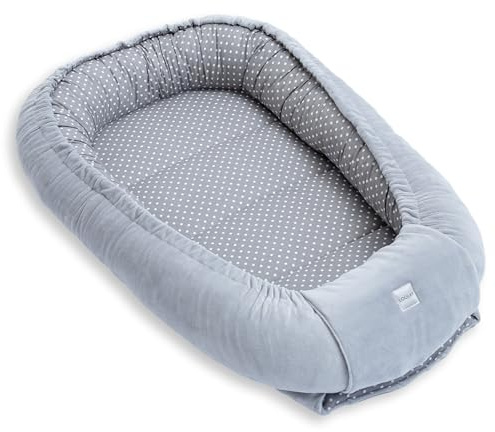 LOOLAY Babynest, Nestchen für Neugeborene – Baby Nestchen 91 × 63 cm, Tragbares Nest aus Samtvelours & Baumwolle (GRAU Velour/Punkten GRAU)
