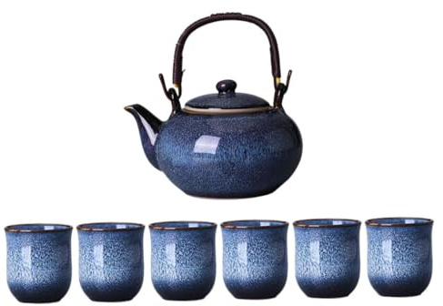 NUOBESTY Service à Thé Chinois Kung Fu en Céramique Bleue avec Glaçure Artistique, Grosse Théière 800 Ml et 6 Tasses 130 Ml, Poignée Ergonomique, pour Cérémonie du Thé et Pauses Bureau