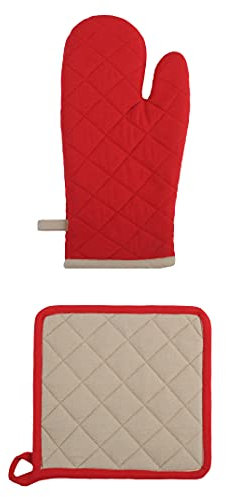Lovely CASA - Lot de 2 Gants de Toilette - Taille Gant 30x15cm; manique 20x20cm - 100% Coton - Couleur Rouge Lin - Modèle Montagne - Linge de Bain - Doux et de Bonne qualité - Certifié Oeko Tex