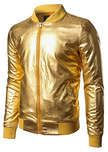 JOGAL Giacca da baseball da uomo con chiusura lampo metallizzata, gold, M