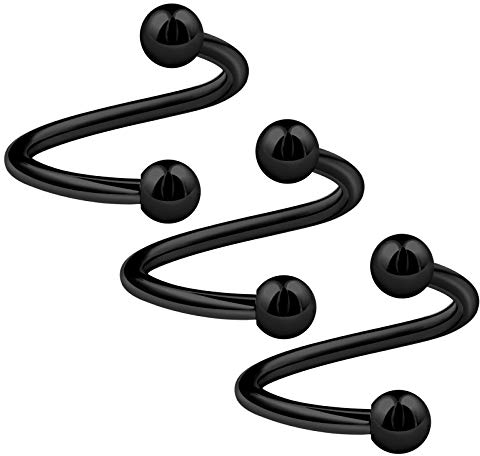 KJM FASHION 3 STK Eloxiert Schwarz Spiral 1,2mm 16 Gauge 10mm 3/8 Inch 3mm Kugel Lip Helix Tragus Cartilage Ohrringe Piercing Schmuck 0709