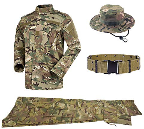 QHIU Taktischer Uniformen Herren Jacke&Hose Stück Sets mit Gürtel&Boonie Hat Military Combat BDU Camo für Airsoft Paintball Swat Camping Outdoor-Sportarten