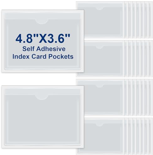 30 Pack Self-Adhesive Index Card Pockets with Top Open for Loading - Ideal Card Holder for Organizing and Protecting Your Index Cards - Crystal Clear Plastic (3.6 x 4.8 Inches)