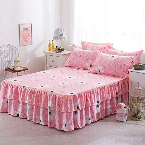 VEADK Couvre-lit Jupe de lit Romantique à Deux Couches Élégant Couvre-lit en Mousseline de Soie Drap de lit en Coton satiné pour décoration de Mariage Couvre-lit avec élastique, Rose, 180 * 220cm