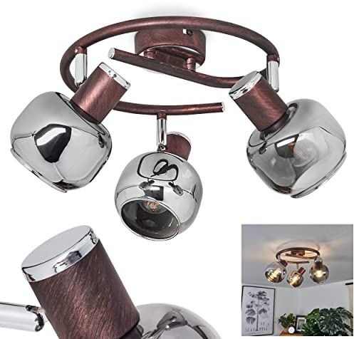 Deckenleuchte Arconciel, runde Deckenlampe aus Metall/Glas in Rost/Chrom/Rauchglas, 3-flammig mit verstellbaren Strahlern, 3 x E14-Fassung, Deckenspot im Retro-Design, ohne Leuchtmittel