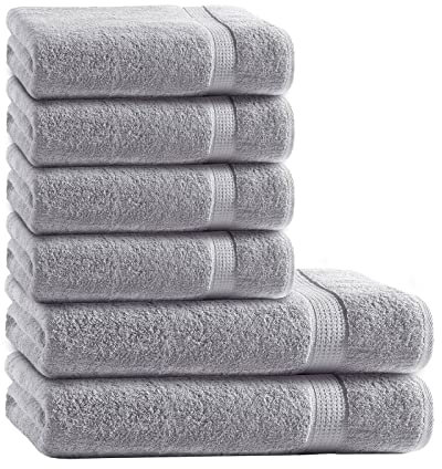Müskaan Premium Handtuchset 6-TLG – 4 Handtücher & 2 Duschtücher aus 100% Baumwolle – Weich & saugfähig Frottee mit Aufhänger – Silber