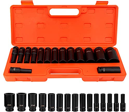 15 Piece Deep Impact Socket Set 1/2 Inch Drive, Carbon Steel | 6-Point Flank Drive Reduces Fastener Wear, 10-32mm Range with Storage Case, Impact Sockets for Garage Workshop