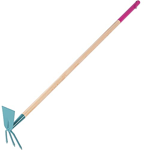 KADAX Hacke für Damen, Gartenhacke mit Metallkopf, Doppelhacke zum lüften, lockern und jäten des Bodens, Unkrauthacke zum entfernen von Unkraut, Gartenzubehör mit Stiel aus Holz (3Zinken - Breitblatt)