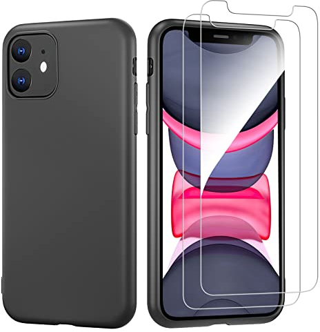 NEW'C Funda para iPhone 11 Carcasa Silicona Negra y 2X Protector de Pantalla para iPhone 11 Cristal Templado - Antiarañazos