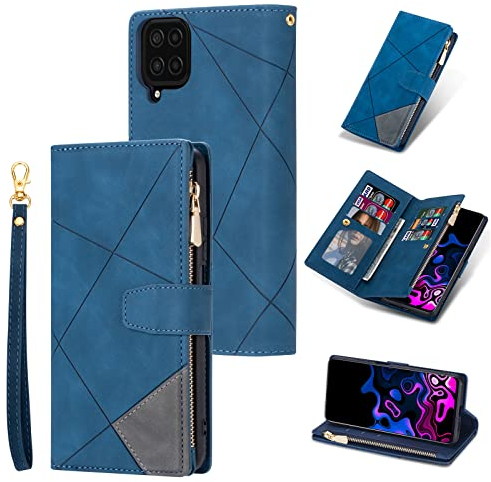 UEEBAI Coque pour Samsung Galaxy A12 5G, Etui en Cuir PU Portefeuille Rétro Antichoc Flip Case Anti-Choc Housse avec Fentes de Cartes Fonction Support, Fermeture Magnétique - Diamant Bleu