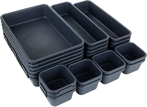 GOYADA 24 Stück Schubladen Ordnungssystem Büro, Plastik Schubladen Organizer, Schubladen Organizer Büro, Aufbewahrungsbehälter Schublade mit 3 Größen für Make-up, Küche, Badezimmer usw. – Dunkelgrau