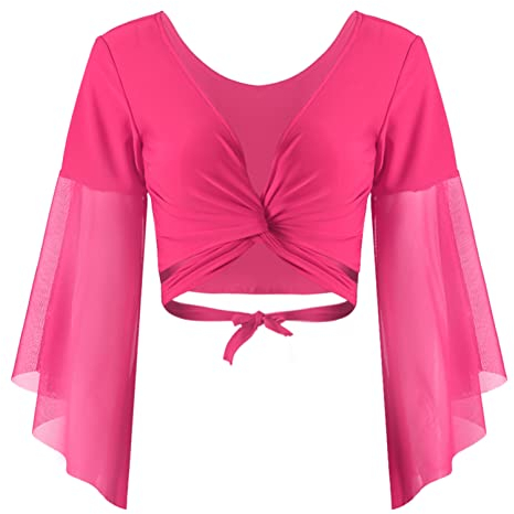 TiaoBug Damen Bauchtanz Kostüm Oberteil Langarm Spitzen Trompetenärmel Jäckchen Binden Top Knoten Shirts Bluse mit Münze Quasten Hot Pink D Einheitsgröße