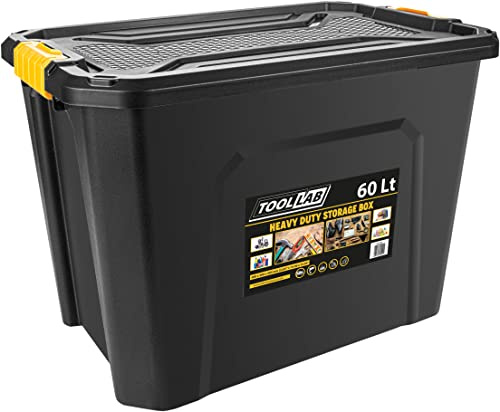 Tool Lab Heavy Duty Polypropylene Storage Box with Clip on Lid. Ideal for storing items in garages and lofts. (60 Litre : 580 x 380 x 405mm)