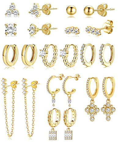 Morfetto Ohrringe Sets für mehrere Piercings 14K vergoldete Huggies Reifen Ohrstecker Ohrringe für Frauen Mädchen Kleine hypoallergene minimalistische Kettenreife CZ Ball Golden Ohrringe Sets