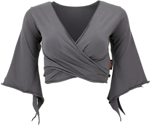 GURU SHOP Elfen Top aus Bio-Baumwolle, Top Goa-chic, Yoga Wickeltop - Dunkelgrau, Damen, Size:XL