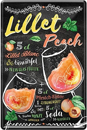 DekoDrom® Blechschild 20x30 cm Rezept LILLET PEACH Pfirsich Cocktail Bar Kneipe Cafe Haus + Garten Küche Wand Deko Geschenk