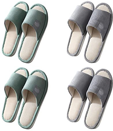 Teceyfeet Unisex Hotelslipper Set, 4 Paar Waschbar Badepantoletten Gästehausschuhe Rutschfeste Hausschuhe offener Zeh Pantoffeln aus Baumwolle und Leinen