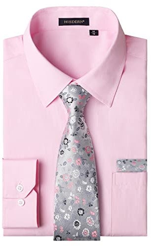 HISDERN Camisa Hombre Rosa Manga Larga Formal Camisas y Corbata Elegante Camisa de Vestir de Negocios Boda con Bolsillo Regular Fit L