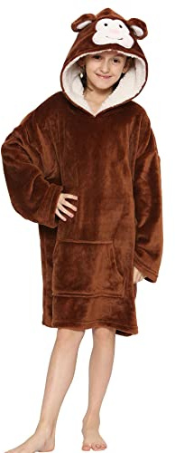 A2Z 4 Kids Hooded Snuggle Blanket Oversized Fleece Lounger Cow Print | Wearable Throw Kangaroo Pocket Cosy Warm Covering Children Relaxation