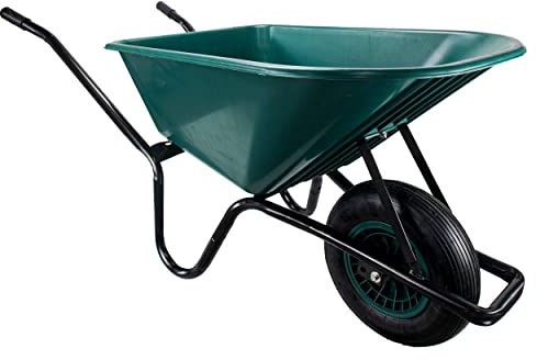 Garden WHEELBARROW Heavy Duty 110Ltr Toughened Plastic Green Tray 150kg Barrow Loads 1 Wheel Equine Yard Gardening Barrow All Terrain Pneumatic Tyres for Gardeners or Equestrian Wheelbarrow