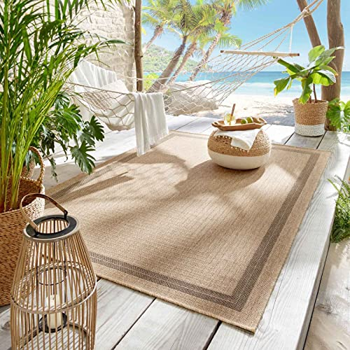 Outdoor & Indoor Teppich für Wohnzimmer Balkon Terrasse wetterfest Borneo Sisal-Jute-Optik naturfarben Natur Bordüre 067x180 cm