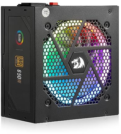 Redragon PSU013 80+ Gold 650 Watt ATX Fuente de alimentación totalmente modular con certificación 80 Plus Gold, tamaño compacto de 160 mm y ventilador RGB de bajo ruido Smart-ECO 0 RPM, condensadores