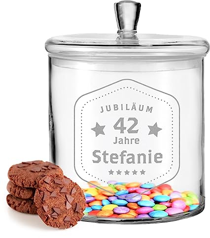 polar-effekt Leonardo Keksdose aus Glas mit personalisierter Wunschgravur - Glasbehälter mit Namen - das Bonbonglas zum Jubiläum - für Süßigkeiten und Cookies geeignet