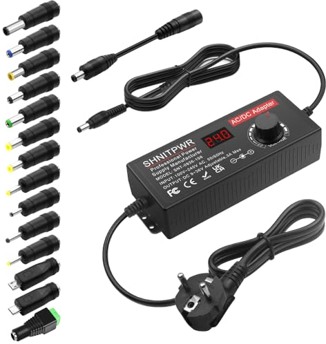 SHNITPWR Universal-Netzteil 9V ~ 36V 3A 108W Verstellbar DC 9V 12V 14V 19V 24V 30V 36V AC DC Adapter 5,5 x 2,5 mm Mehrfachspannung mit 14 Spitzen für CCTV-Kamera-Lautsprecher