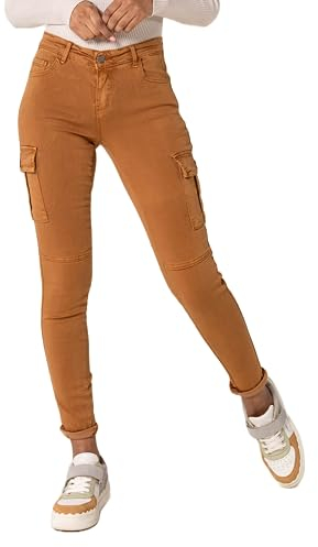 Nina Carter S353 - Pantalon cargo pour femme - Coupe skinny - Jean cargo stretch - Look usé, Camel (S352-2), S