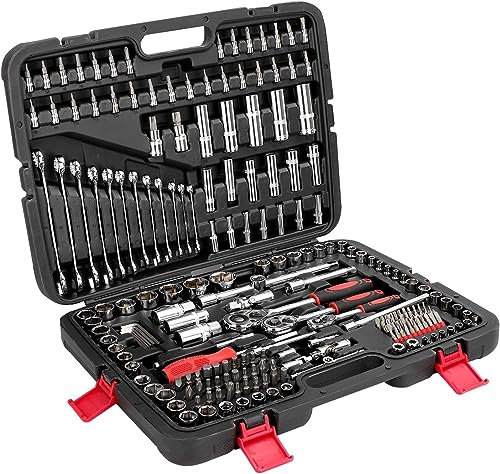 Youyijia 215 Pcs Mechanic Tool Set - 1/2 1/4 3/8 Ratchet Wrench Sockets Spanners Bits Hex Key Repair Auto Tool Kit