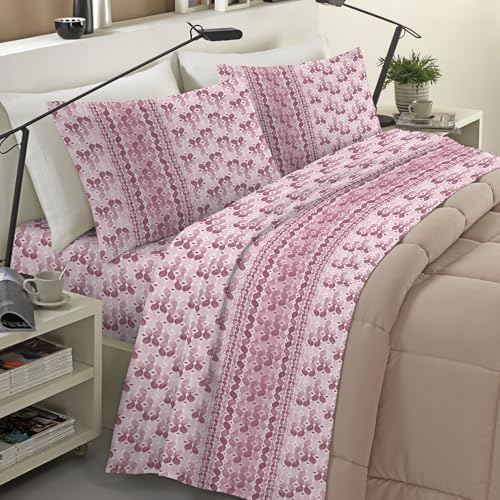 Banzaii Completo Lenzuola Invernale Felpate in Flanella Anti-Pilling 100% Cotone Maxi (per Materasso 180 cm, Altezza Fino a 35 cm) Diletta Rosa
