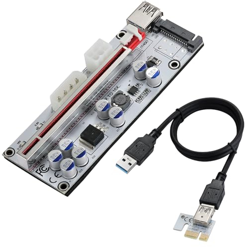 MZHOU Carte adaptateur PCI-E 1X vers 16X avec câble d'extension USB 3.0 de 0,6 m, connecteurs 6 broches / 4 broches / SATA pour Bitcoin, minage de crypto-monnaie, Ethereum (VER010-X, 1 paquet)