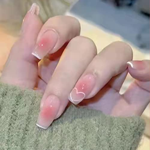 24pcs Short Square False Nails French Tip White Edge Stick on Nails Heart Press on Nails Nude Pink False Nails Removable Glue-on Nails Full Cover Fake Nails Valentines Day Women Brides Nail