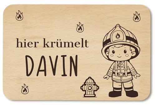Frühstücksbrettchen personalisiert mit Wunschgravur - personalisierte Geschenke Kinder - Frühstücksbrettchen Kinder - Geschenk zur Taufe/Einschulung - Brettchen Holz (Feuerwehrmann)