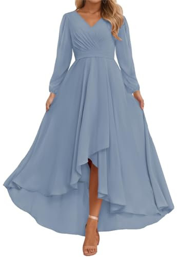 WSEYU V Neck Bridesmaid Dresses with Long Sleeves A-Line Lace Up Back Formal Party Dress Dusty Blue UK28