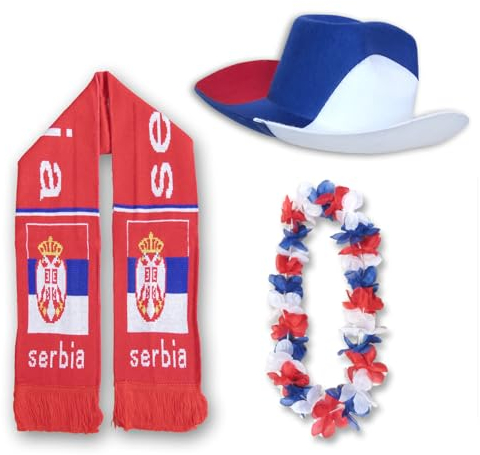 Sonia Originelli Fanset Fanartikel Cowboy Fan-Hut Strickschal Blumenkette EM WM Fussball Farbe: Serbien
