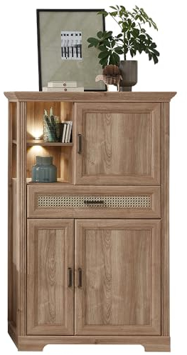 Lomadox Highboard Vitrinenschrank 93cm breit in Eiche, optional mit Wiener Geflecht, inkl. LED-Beleuchtung