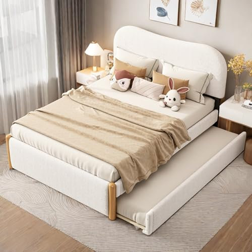 Sapgaks Cama 140 x 200 Con Somier y Cabecera, Para 2 Personas, Marco Doble Para Adultos, Acolchada Con Nido Práctica, Diseño Minimalista Blanco