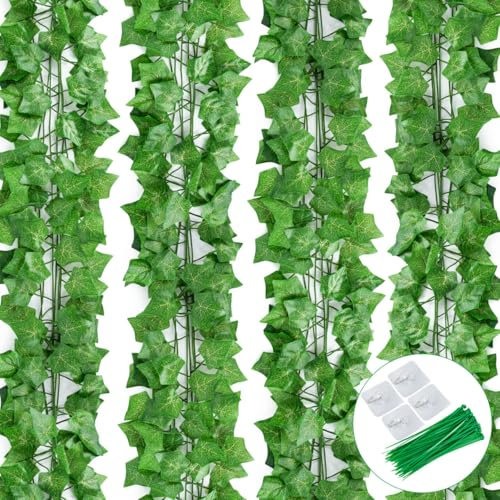 12 Pièces * 2.1m Lierre Artificiel Guirlande, Guirlande Feuille Decoration avec 4 Crochets Collants, Faux Lierre Feuillage Artificiel Feuille Guirlande Décoration Interieur (50pcs Attaches Câble)